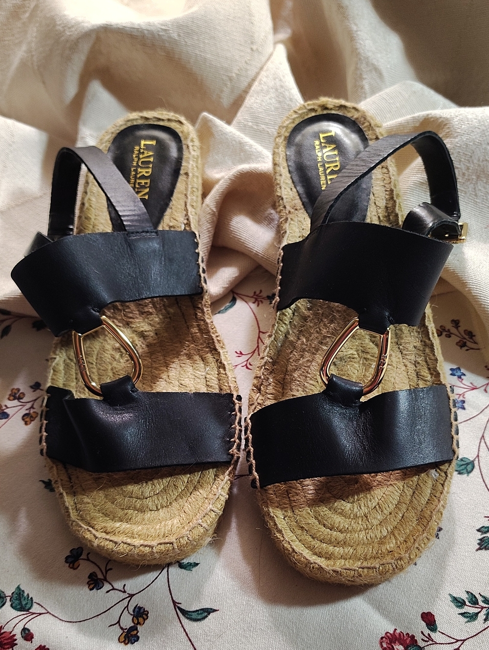 Lauren Ralph Lauren Black Leather Espadrille Sandal with Gold Ring Detail